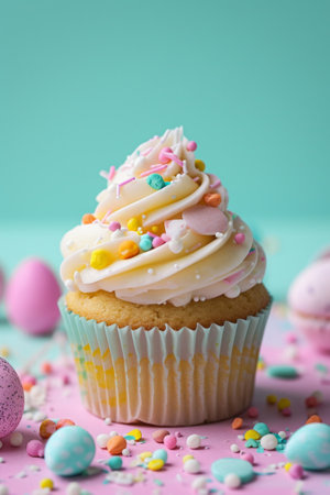 Easter cupcake on a teal background with colorful candy eggs and sprinklesの素材