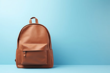 Brown school or work backpack on light blue background, back to school conceptの素材