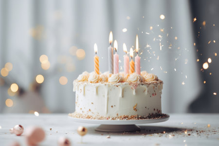 White vanilla birthday cake with sprinkles and candles on white table, minimalistic styleの素材