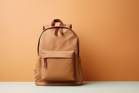 Brown school or work backpack on light brown background, back to school conceptの素材