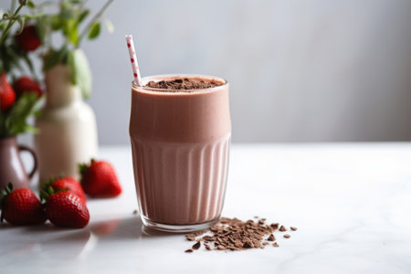 Chocolate strawberry smoothie in a glass topped with cocoa powderの素材