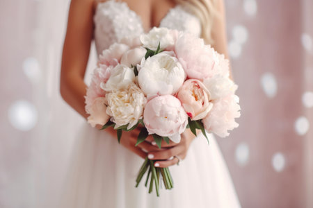 Wedding day, bride holding a bouquet in a wedding dressの素材