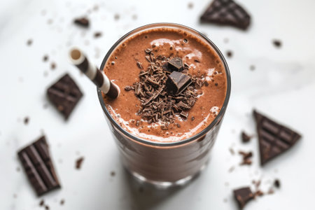 Chocolate smoothie in a glass topped with cocoa powder, healthy breakfast drink ideaの素材