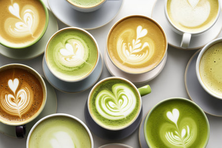 Many matcha and turmeric lattes in mugs with latte art, overhead viewの素材