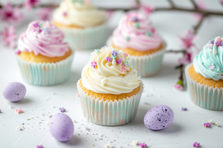 Easter cupcakes with colorful frosting, candy eggs and sprinkles, festive Easter dessert ideaの素材