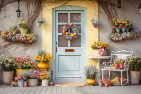 Cute and cozy house decorated for Easter, front porch with spring flowers and colored Easter eggsの素材