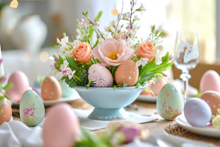 Easter centerpiece on the dining table with flowers and colored eggsの素材