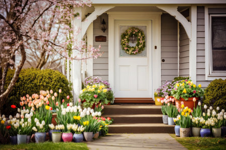 Front porch decorated for spring with a wreath on the door and blooming flowersの素材