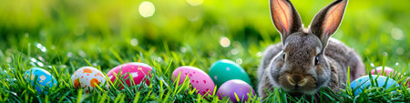 Fluffy Easter bunny sitting in grass with colored Easter eggsの素材