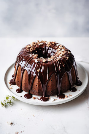 Chocolate bundt cake with chocolate ganache glaze on a white tableの素材
