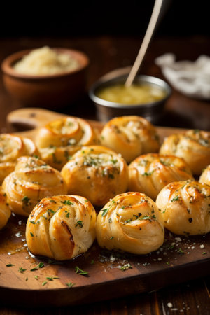 Garlic knots with parsley and parmesan on a wooden boardの素材