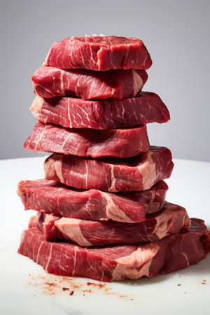 High stack of raw beef steak, read meat, paleo dietの素材