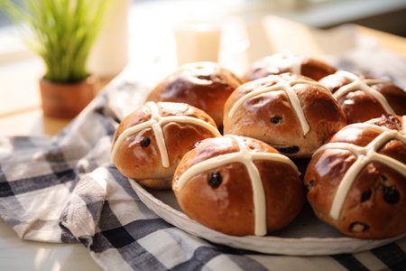Hot cross buns freshly baked in a cast iron panの素材