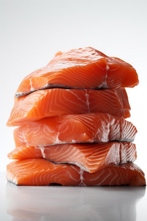 High stack of raw salmon fillets, healthy fat source, pescatarian dietの素材