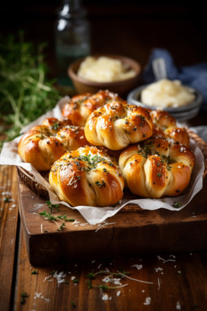Garlic knots with parsley and parmesan on a wooden boardの素材
