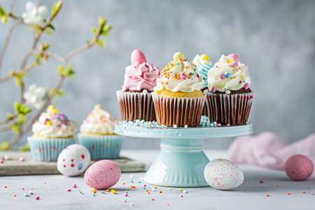 Easter cupcakes with colorful frosting, candy eggs and sprinkles, festive Easter dessert ideaの素材