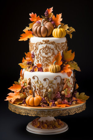 Two tiered fall cake for Thanksgiving highly detailed, decorated with pumpkins and leavesの素材