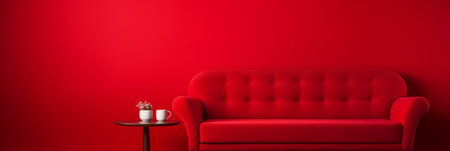 Red sofa and a side table on solid red background banner, brigt color and energeticの素材