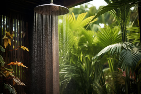 Water coming out of a shower head in an outdoor shower full of plants, frozen movementの素材