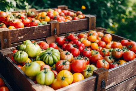 Fresh ripe tomatoes in a wooden crate, harvest conceptの素材