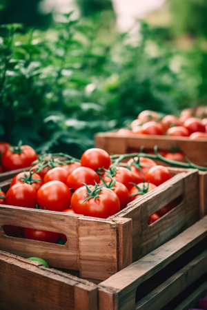 Fresh ripe tomatoes in a wooden crate, harvest conceptの素材