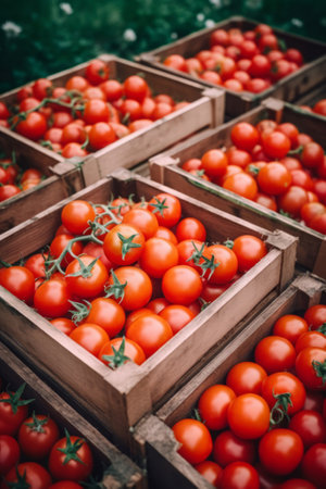Fresh ripe tomatoes in a wooden crate, harvest conceptの素材