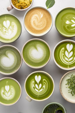 Many matcha and turmeric lattes in mugs with latte art, overhead viewの素材