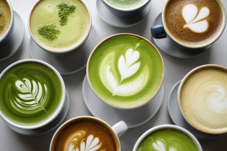 Many matcha and turmeric lattes in mugs with latte art, overhead viewの素材