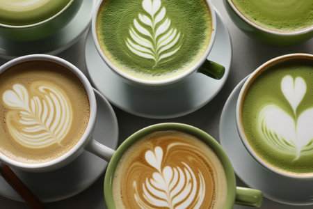 Many matcha and turmeric lattes in mugs with latte art, overhead viewの素材