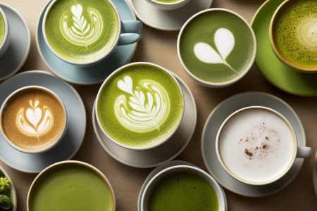 Many matcha and turmeric lattes in mugs with latte art, overhead viewの素材