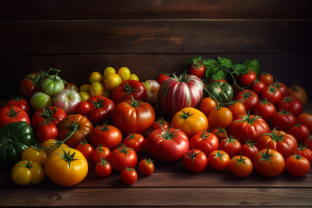 Ripe tomatoes of different variety, red and yellow on a wooden tableの素材