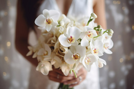 Wedding day, bride holding a bouquet in a wedding dressの素材