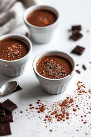 Chocolate mousse in white ramekins topped with chocolate shavingsの素材