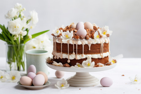 Easter layered cake with frosting and glaze decorated with chocolate eggsの素材