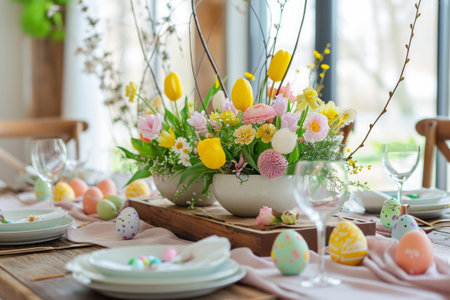 Easter centerpiece on the dining table with flowers and colored eggsの素材