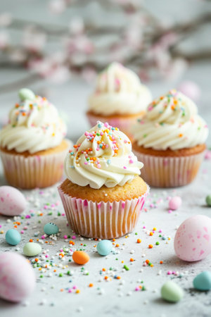 Easter cupcakes with vanilla frosting, candy eggs and sprinkles, festive Easter dessert ideaの素材