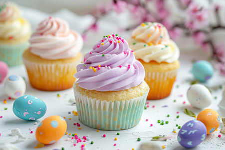 Easter cupcakes with colorful frosting, candy eggs and sprinkles, festive Easter dessert ideaの素材