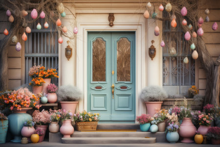 Cute and cozy house decorated for Easter, front porch with spring flowers and colored Easter eggsの素材