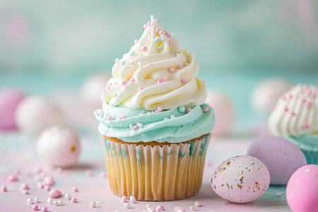 Easter cupcake on a teal background with colorful candy eggs and sprinklesの素材