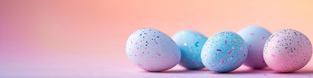 Easter pastel background in a banner format with colorful Easter eggs and bokehの素材