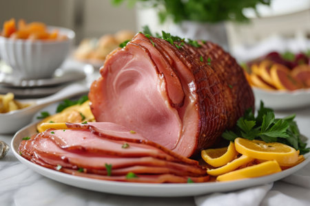 Spiral sliced ham for Easter brunch, honey glazed ham on the tableの素材