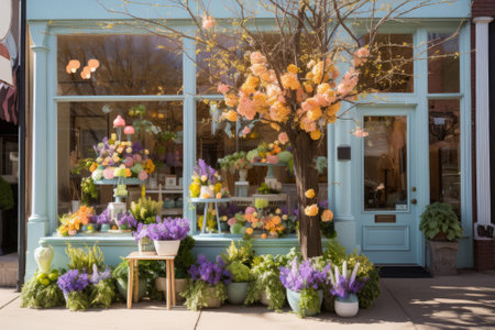 Storefront decorated for spring and Easter with flowers and whimsical decor, pastel colorsの素材