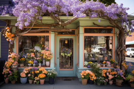 Storefront decorated for spring and Easter with flowers and whimsical decor, pastel colorsの素材