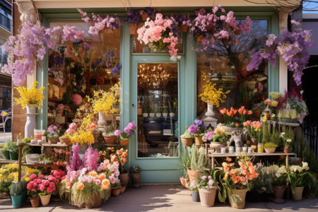 Storefront decorated for spring and Easter with flowers and whimsical decor, pastel colorsの素材