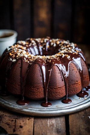 Chocolate bundt cake with chocolate ganache glaze on a wooden tableの素材