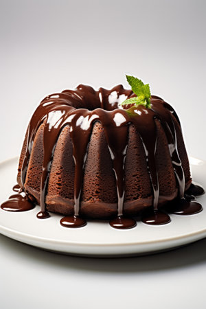 Chocolate bundt cake with chocolate ganache glaze on a white tableの素材