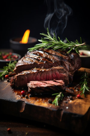 Grilled steak medium rare on a plate on wooden tableの素材