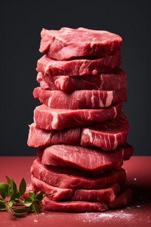 High stack of raw beef steak, read meat, paleo dietの素材