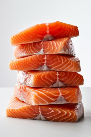 High stack of raw salmon fillets, healthy fat source, pescatarian dietの素材