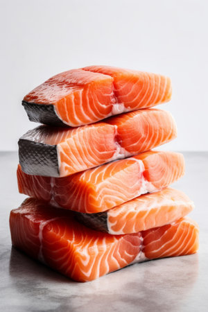 High stack of raw salmon fillets, healthy fat source, pescatarian dietの素材